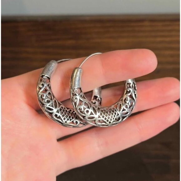 Large Sterling Silver Filigree Hoop Earrings with Heart & Leaf Design - Picture 3 of 7